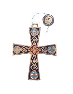 Croix en bronze émaillé bleu et rouge avec l'alpha et l'oméga 2