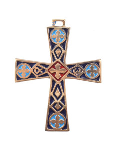 Croix en bronze émaillé bleu et rouge avec l'alpha et l'oméga