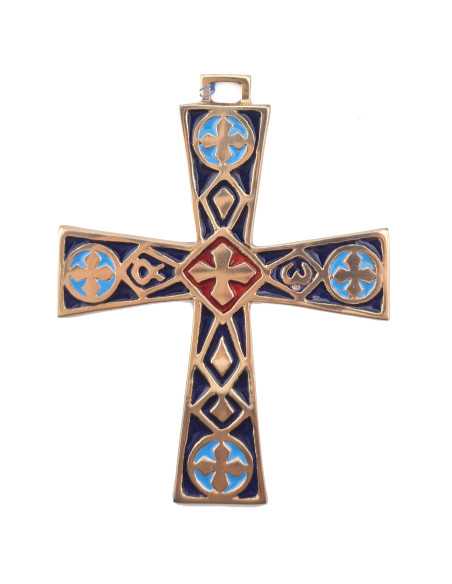 Croix en bronze émaillé bleu et rouge avec l'alpha et l'oméga