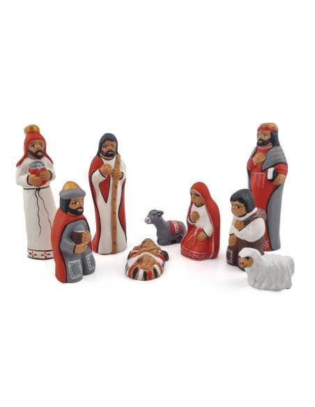 Crèche péruvienne en terre cuite composée de 9 personnages de 9 cm
