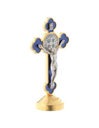 Petite croix de Saint Benoît sur socle - bleu