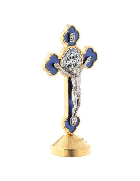 Petite croix de Saint Benoît sur socle - bleu