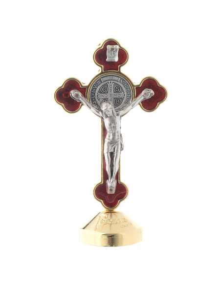 Petite croix de Saint Benoît sur socle - rouge