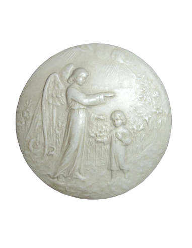 Joli médaillon en plâtre avec attache au dos de l'ange gardien bénissant un enfant