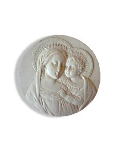 Joli médaillon, en plâtre, de la Vierge couronnée avec l'Enfant-Jésus.