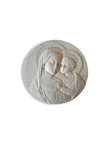 Joli médaillon, en plâtre, de la Vierge couronnée avec l'Enfant-Jésus.