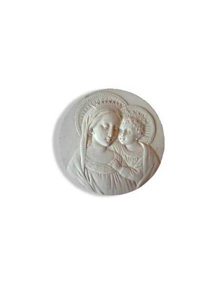 Joli médaillon, en plâtre, de la Vierge couronnée avec l'Enfant-Jésus.