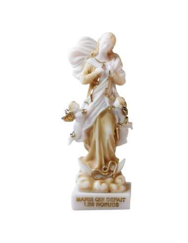 Statue en albâtre beige et or de Marie qui défait les nœuds - 17 cm