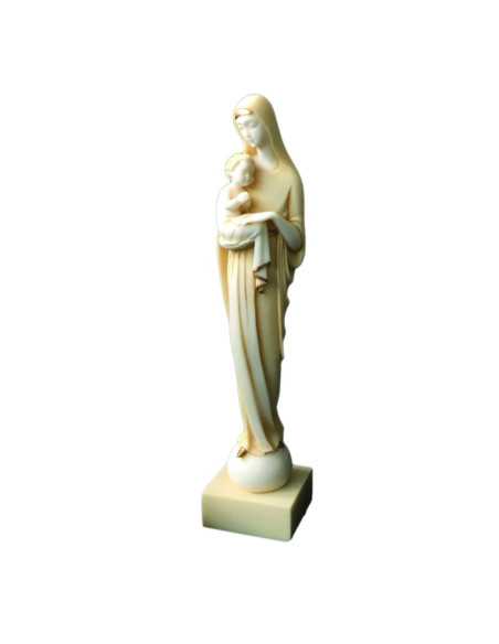 Statue Vierge à l'Enfant Art Déco en albâtre beige et aux contours dorés