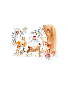 Jolie carte de Noël représentant Jésus entouré des animaux de la forêt
