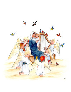 Carte de Noël réalisée par Apolline Dussart, représentant la Vierge et l'Enfant entourés d'anges musiciens