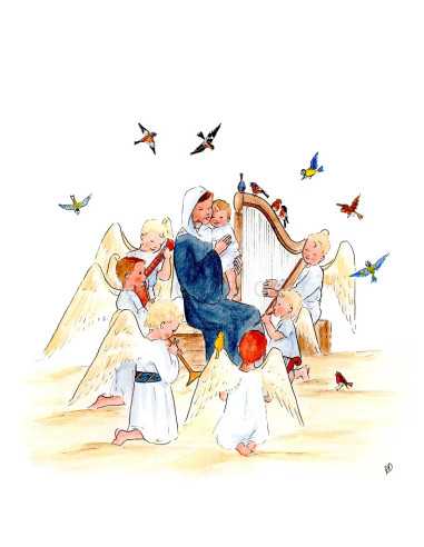 Carte de Noël réalisée par Apolline Dussart, représentant la Vierge et l'Enfant entourés d'anges musiciens
