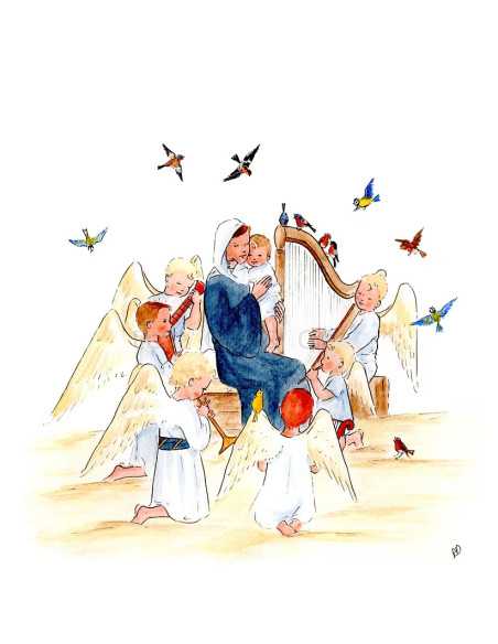 Carte de Noël réalisée par Apolline Dussart, représentant la Vierge et l'Enfant entourés d'anges musiciens