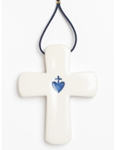 Croix latine avec le Sacré-Coeur en céramique, réalisée à la main, en Provence.