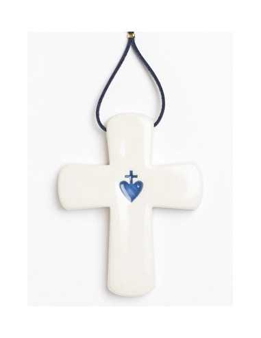 Croix latine avec le Sacré-Coeur en céramique, réalisée à la main, en Provence.