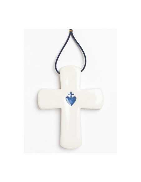 Croix latine avec le Sacré-Coeur en céramique, réalisée à la main, en Provence.