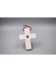 Croix latine avec le Sacré-Coeur en céramique, réalisée à la main, en Provence.