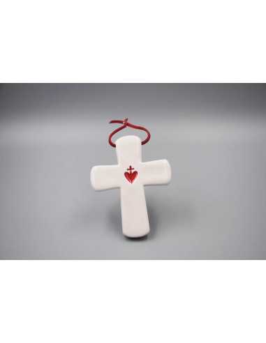 Croix latine avec le Sacré-Coeur en céramique, réalisée à la main, en Provence.