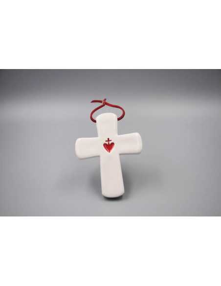 Croix latine avec le Sacré-Coeur en céramique, réalisée à la main, en Provence.
