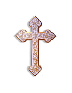 Ravissante croix ornée en plâtre, avec attache au dos.