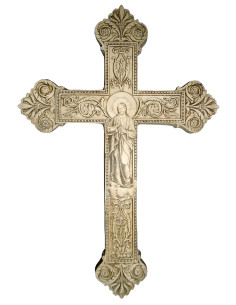Ravissante croix en plâtre "Cor Jesu", avec attache au dos.