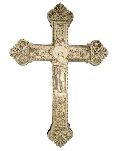 Ravissante croix en plâtre "Cor Jesu", avec attache au dos.