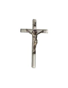 Crucifix en acrylique et Christ en métal argenté de dimension 14 x 8 cm