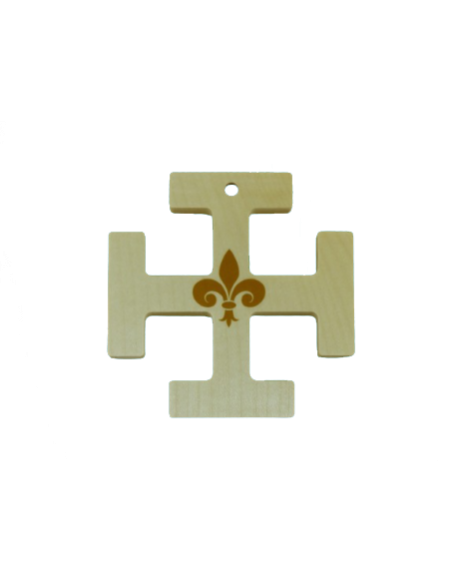 Croix scoute en bois naturel vernis avec fleur de lys