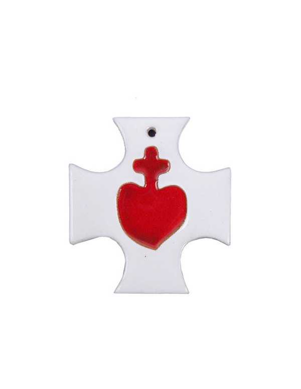 Jolie croix en émail blanc avec le Sacré-Cœur.