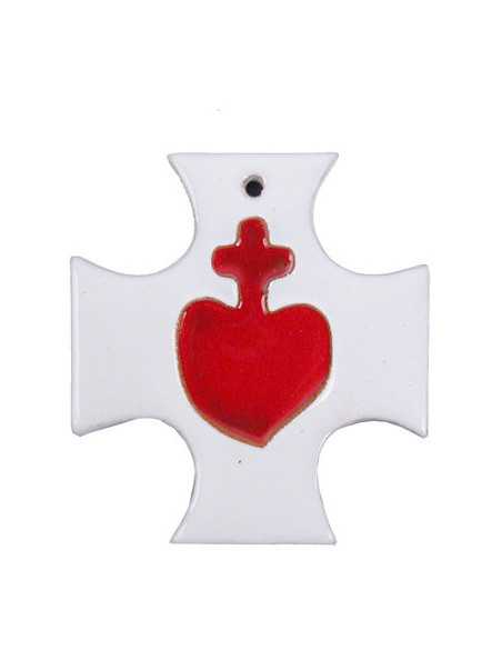 Jolie croix en émail blanc avec le Sacré-Cœur.