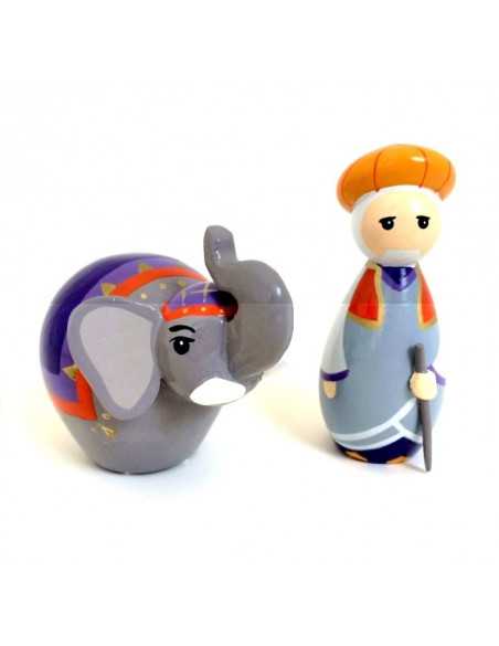 Crèche en bois tourné - Cornac et éléphant