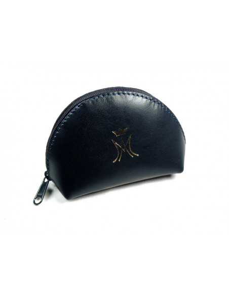 Etui à chapelet en cuir bleu avec symbole marial doré.