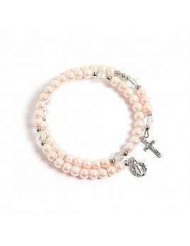 Joli bracelet-chapelet en perle rose avec petite croix et médaille de la Vierge Marie