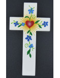 Croix enfantine Coeur et fleurs bleues