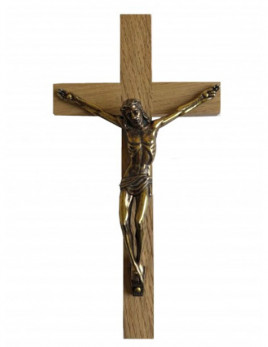 Le crucifix est en chêne massif naturel et le Christ en métal bronzé.