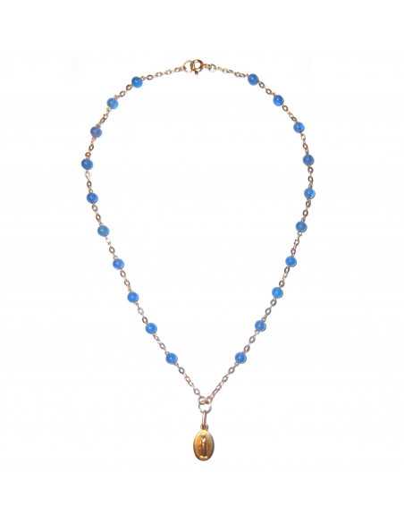 Collier en véritable pierre d'agate bleue avec une petite médaille miraculeuse