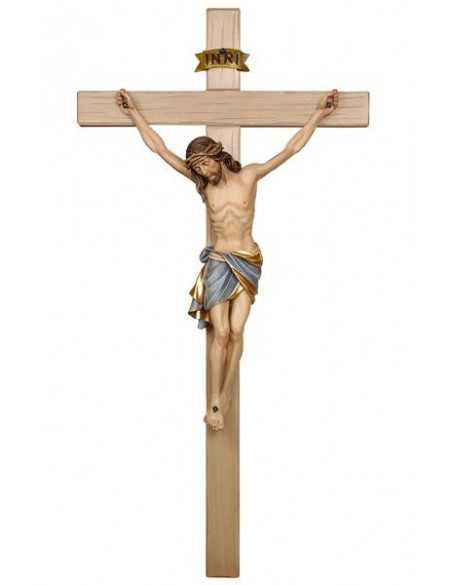 Magnifique crucifix avec le Christ en bois sculpté et peint à la main par des artisans italiens du Val Gardena.