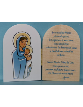 Petit diptyque de la Vierge avec l'Enfant Jésus en bois naturel avec la prière Je vous salue Marie.