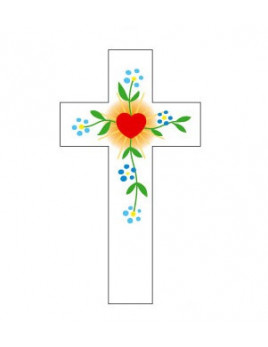 Jolie croix enfantine coeur et fleurs bleues.