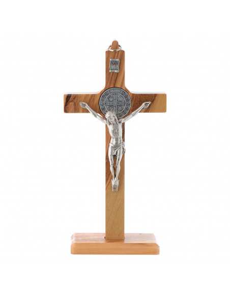 Crucifix Saint Benoît en bois d'olivier sur socle amovible