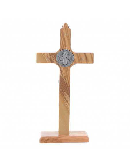 Crucifix Saint Benoît en bois d'olivier sur socle amovible