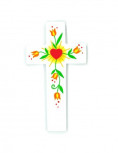 Petite croix enfantine Cœur et fleurs oranges