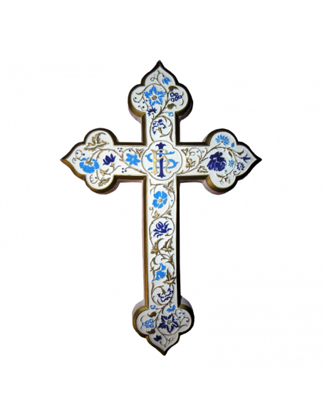 Ravissante en croix ornée bleue, en plâtre avec attache au dos.