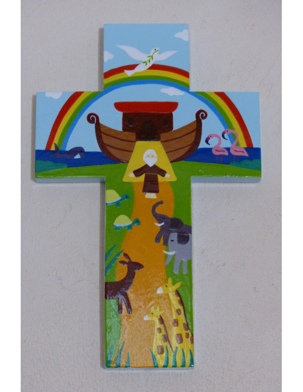 Wood Cross Croix Arche de Noé Croix Peinte à la Main Cadeau de baptême. 12 cms Croix chrétienne 