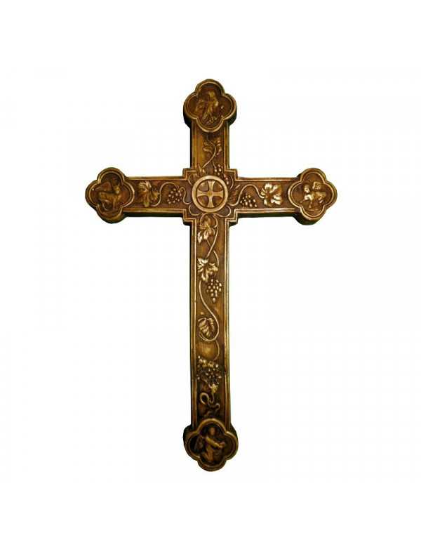 Croix trilobée avec symboles des apôtres, en plâtre, ton bois doré