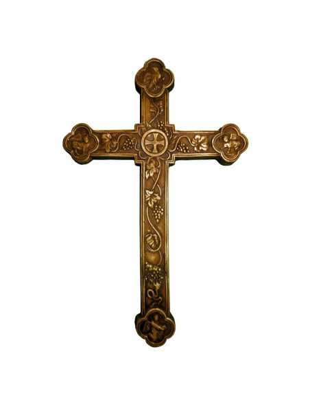 Croix trilobée avec symboles des apôtres, en plâtre, ton bois doré