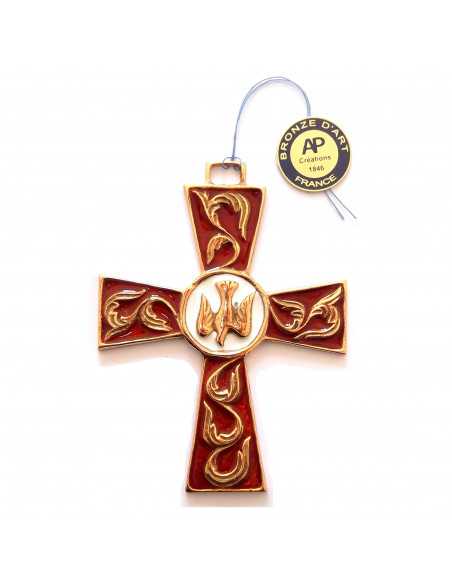 Croix en bronze émaillé rouge avec la colombe représentant le Saint-Esprit