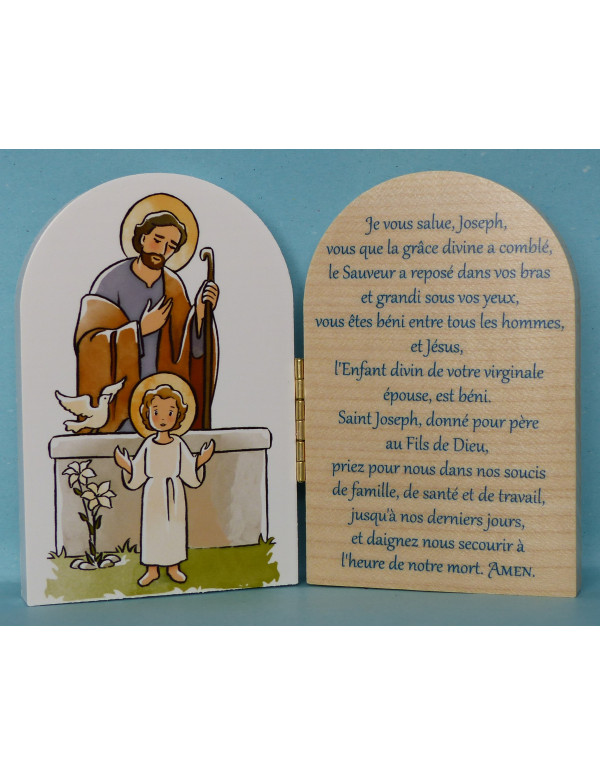 Petit diptyque de saint Joseph en bois naturel avec la prière Je vous salue Joseph.