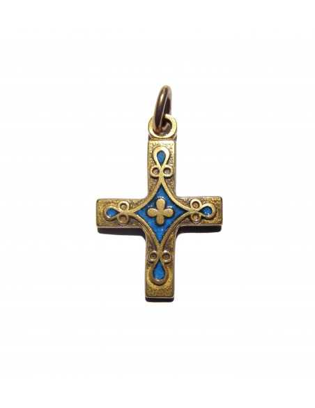 Pendentif croix en bronze émaillé, fleur de lys
