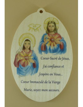 Joli médaillon en bois du Sacré-Cœur de Jésus et Marie.
